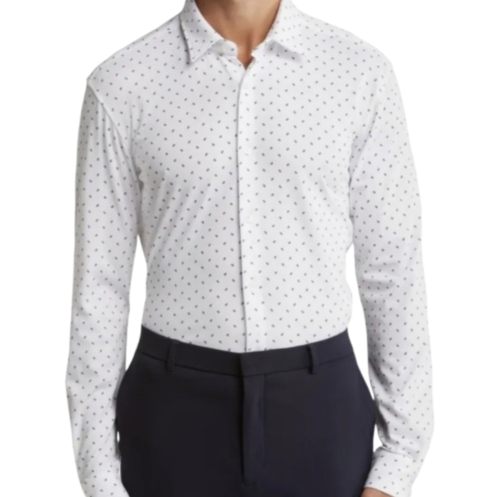 Hugo Boss Roan Mens Slim Fit Geo Stretch Buttonup Shirt Large Black & White